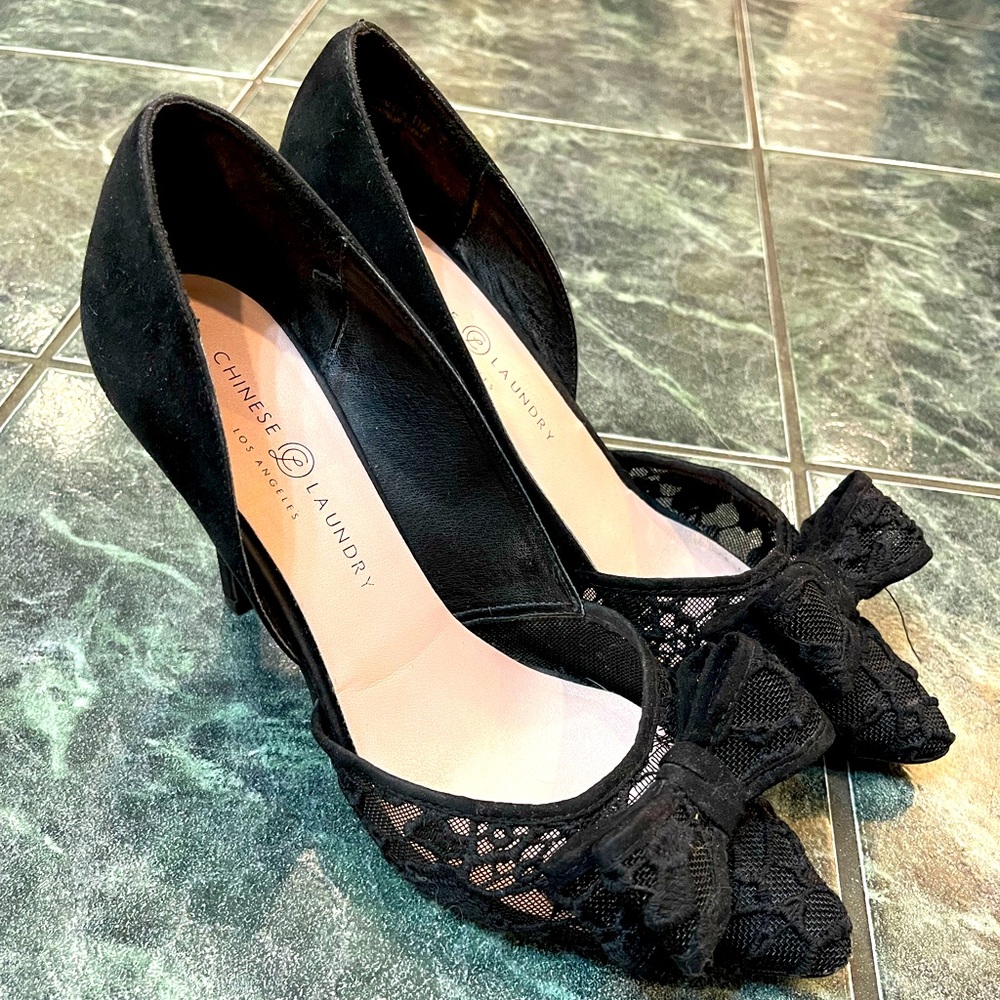 Black Chinese Laundry heels with floral lace